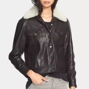 VEDA Padre Black Leather and Shearling Moto Jacket